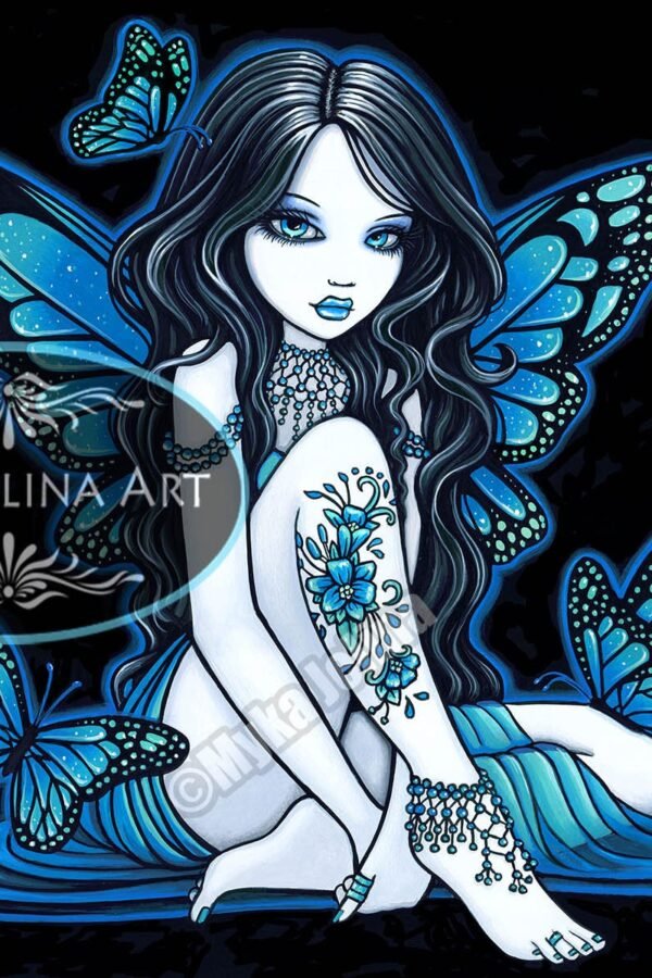 Blue Butterfly Gothic Flower Tattoo Fairy Maia Canvas Print Limited Edition Embellished Signed Myka Jelina
