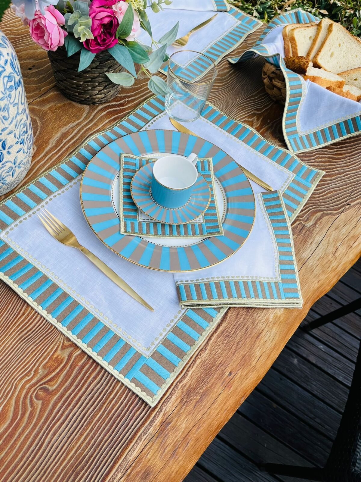 Blue Chekered Cloth Napkins - & Gray Embroidered White Linen Unique 100% Napkin Set Of 2, 4, 6, 8 -Dining Presentation