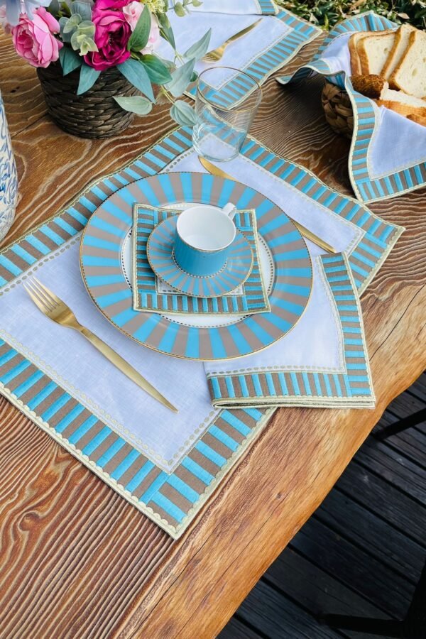 Blue Chekered Cloth Napkins - & Gray Embroidered White Linen Unique 100% Napkin Set Of 2, 4, 6, 8 -Dining Presentation