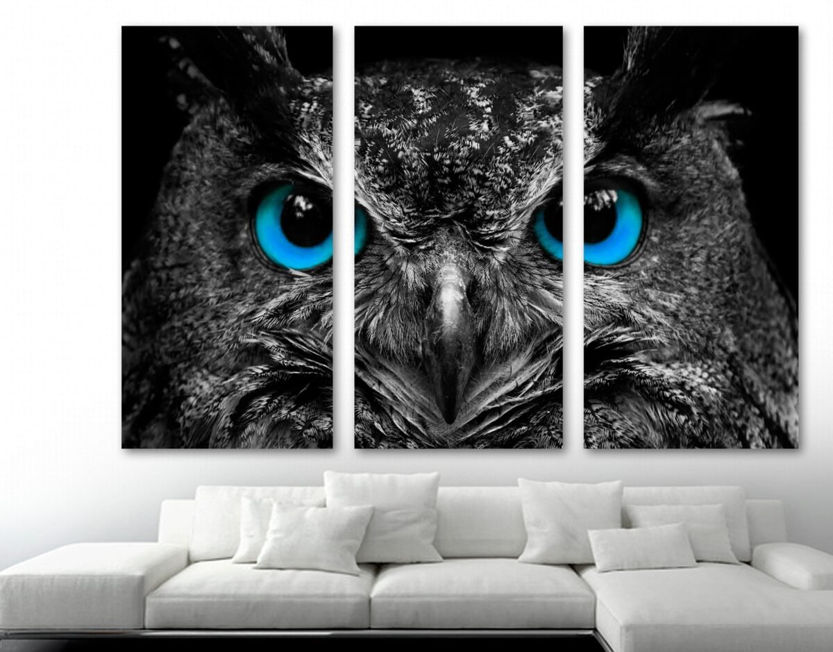 Blue Eyes Owl Canvas Print Wall Art Portrait - Animal Art, Bird Eagle Owl Giclee Home Decor, Interior Design