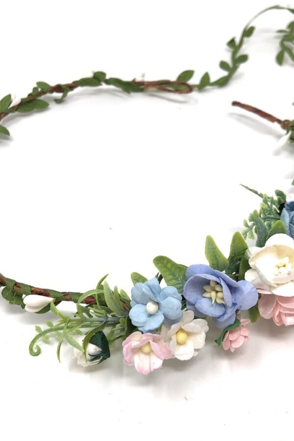 Blue Flower Crown Wedding Floral Headband With Satin Ribbon