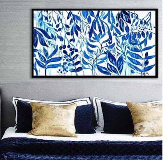 Blue Flower Garden Abstract Painting 48" Large Nice Original Art By Jolina Anthony