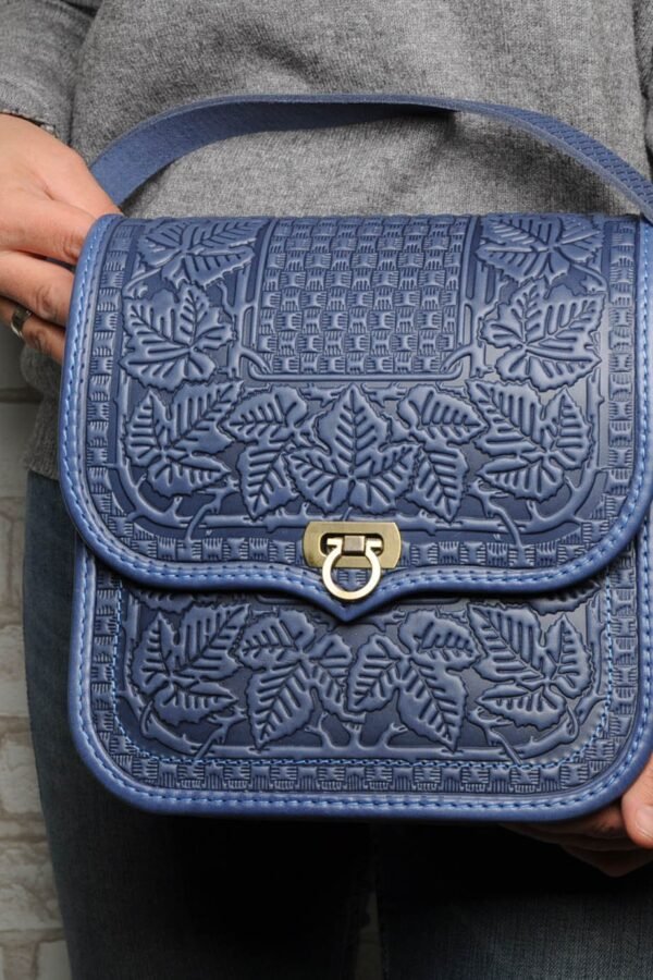 Blue Leather Crossbody Bag Embossed Hazelnut Leaf Purse