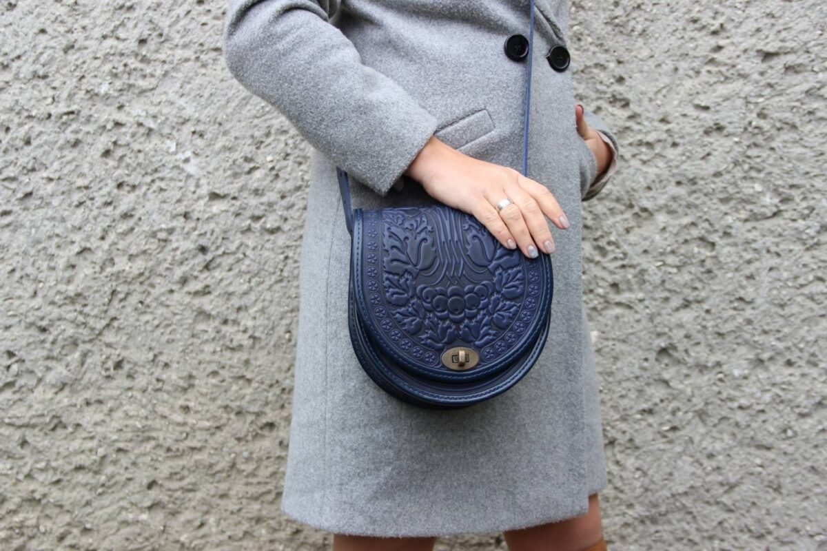 Blue Leather Crossbody Bag Embossed Round Messenger Purse