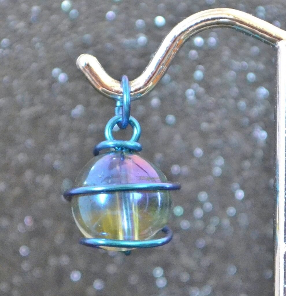 Blue Niobium & Aqua Aura Quartz Wrapped Bead Pendant Or Charm. Anodized Wire, Oxide Plasma Coated Gemstone, No Nickel Hypoallergenic