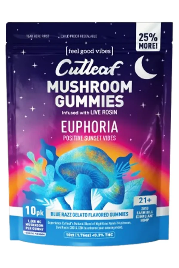 Blue Razz Gelato Cutleaf Euphoria Mushroom Gummies 1000mg 10ct