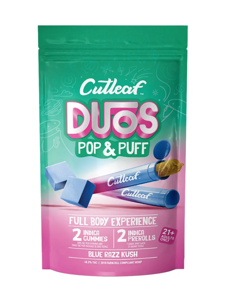 Blue Razz Kush Cutleaf Duos Pop & Puff THCA Pre-Rolls & Gummies 2ct