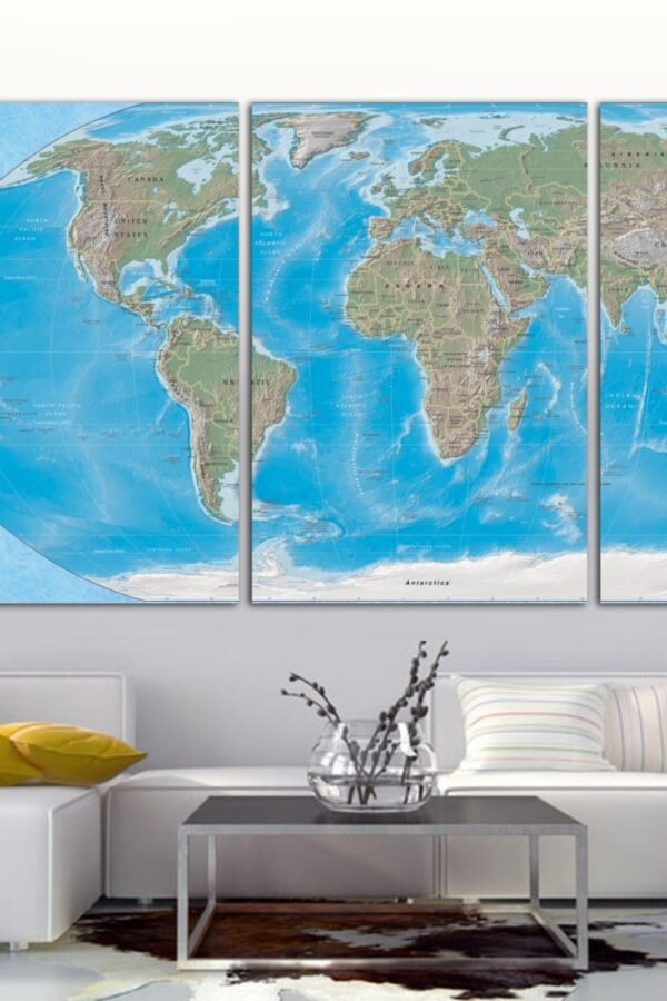 Blue World Map Canvas Print 3-Panel Modern Wall Art