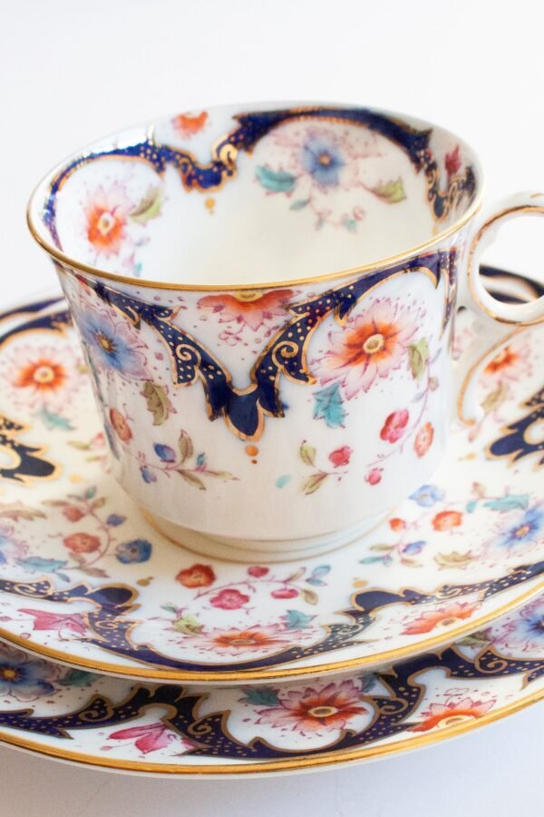 Blythe Porcelain Co. Ltd. Diamond China Teacup Trio With Floral & Gilt Detail, Vintage Teatime, Antique Teacups