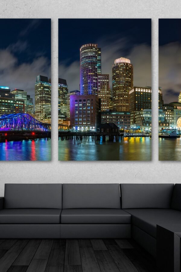 Boston Harbor & Skyline At Night Canvas Print Wall Art. Canvas, Art - Giclee Print For Home Decor, Interior Design