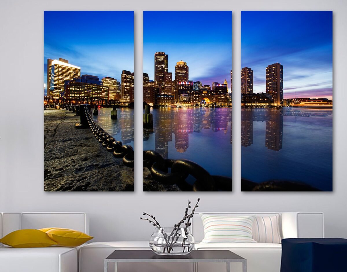 Boston Night Skyline From Harborwalk Canvas Print Wall Art At Night - USA Cityscape Art Giclee Home Decor, Wall Interior Design