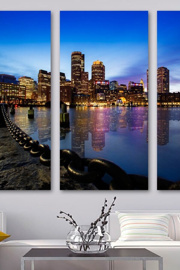 Boston Night Skyline From Harborwalk Canvas Print Wall Art At Night - USA Cityscape Art Giclee Home Decor, Wall Interior Design