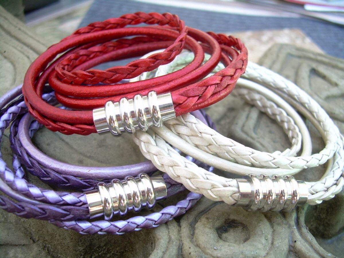 Braided Leather Wrap Bracelet Metallic Red, Purple, Pearl
