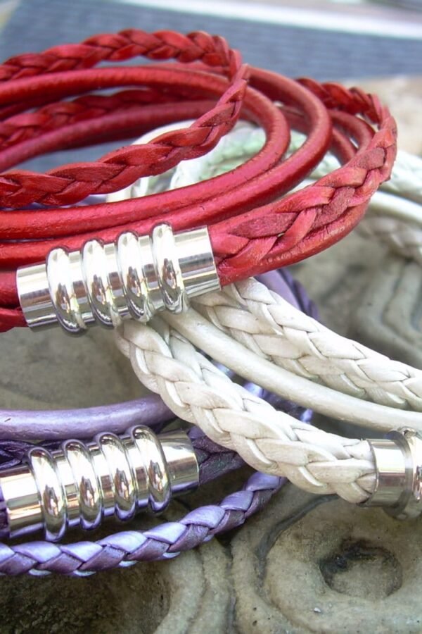 Braided Leather Wrap Bracelet Metallic Red, Purple, Pearl