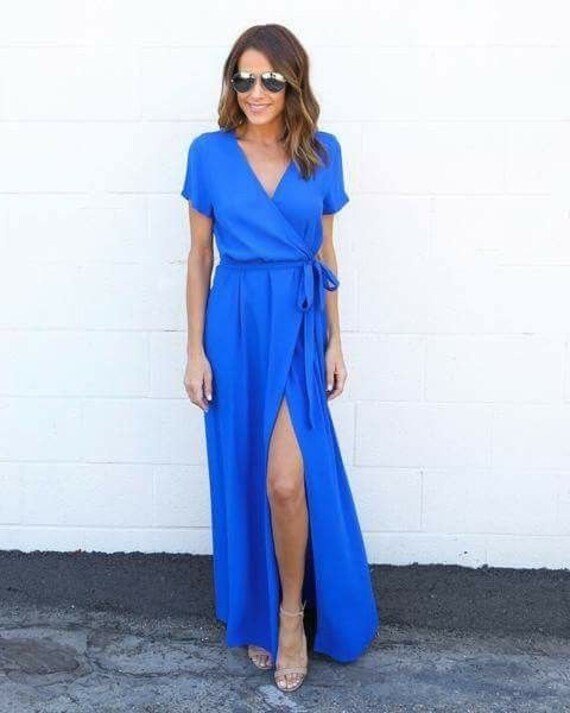 Bridesmaids Dresses, Casual Wedding Dress, Summer Dresses, Wrap Dress, Maxi Wrap Dress, Loose Dress, V Neck Maxi Dress, Sleeved Dress, Blue