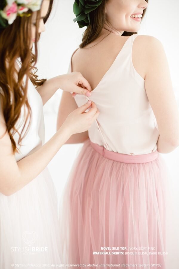 Bridesmaids Novel Dress With Silk Cami Top Buttons in The Back, Tulle Skirt Long Floor Length, Blush Pink Dress, Button-Back Blouse