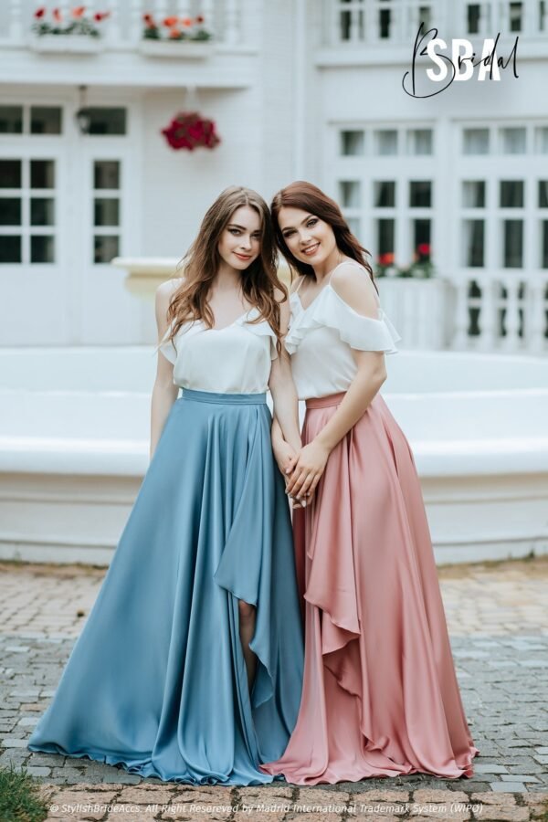 Bridesmaids Skirt - Floor Silk Satin 1-Line, Sun Flare Length For | Esme & Lara Top