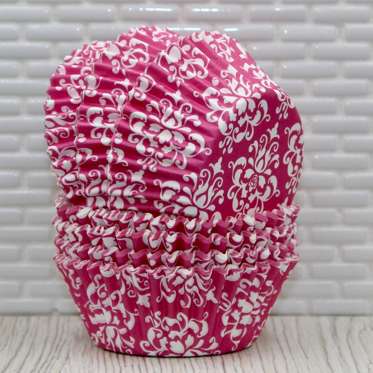 Brite Pink Damask Cupcake Liners | Qty 36 Baking Cups, Wrappers, Muffin Cups