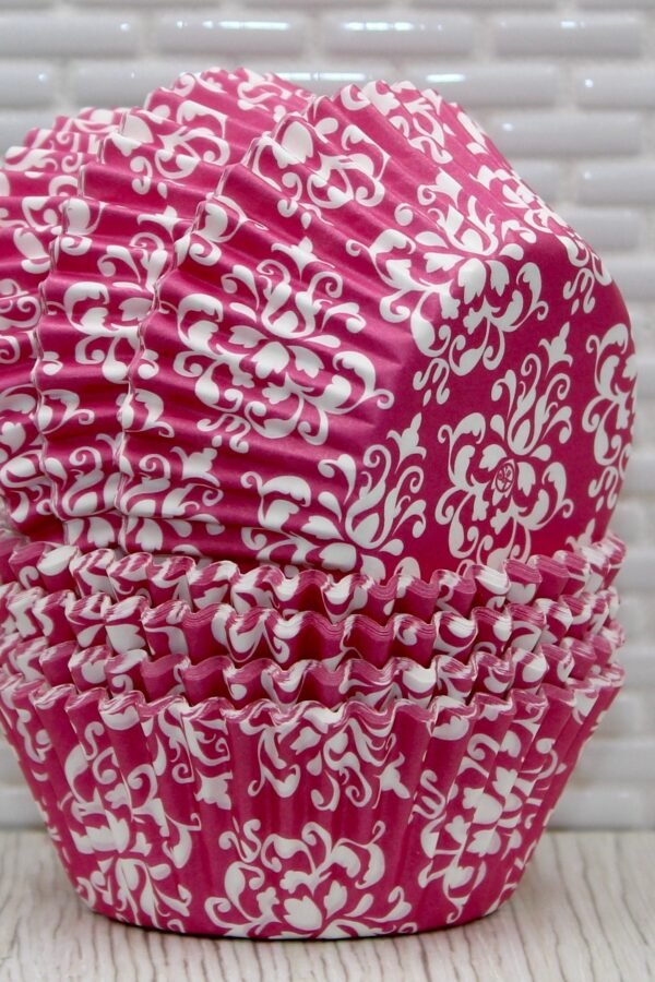 Brite Pink Damask Cupcake Liners | Qty 36 Baking Cups, Wrappers, Muffin Cups