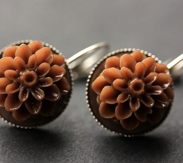 Brown Dahlia Flower Earrings. French Hook Chocolate Lever Back Handmade Jewelry