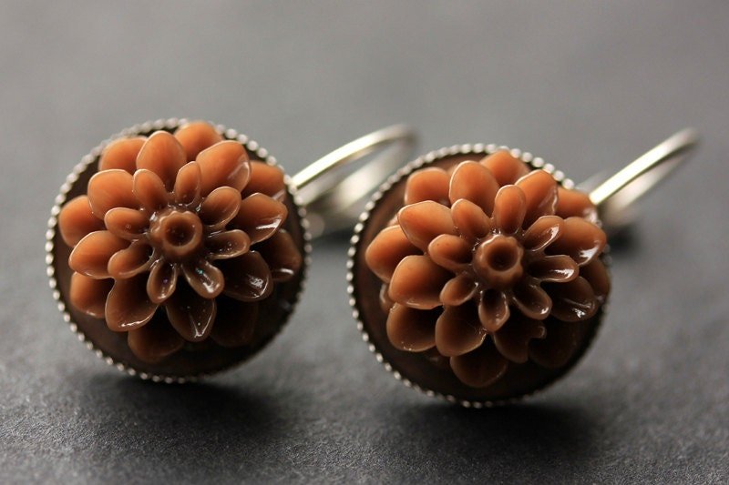 Brown Dahlia Flower Earrings. French Hook Chocolate Lever Back Handmade Jewelry