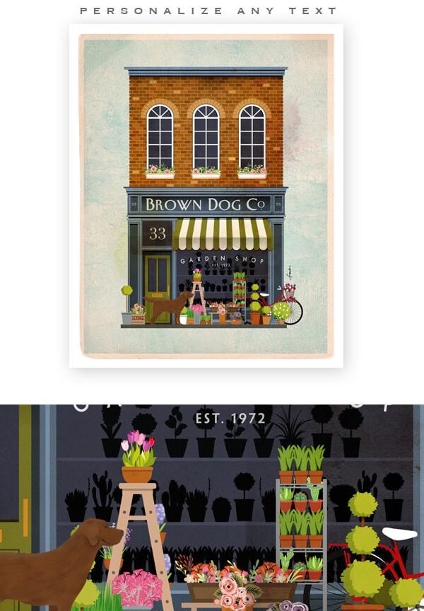 Brown Dog, Lab, Chocolate Storefront, Shop, Gift Flower Floral, Unframed, Print, Personalized