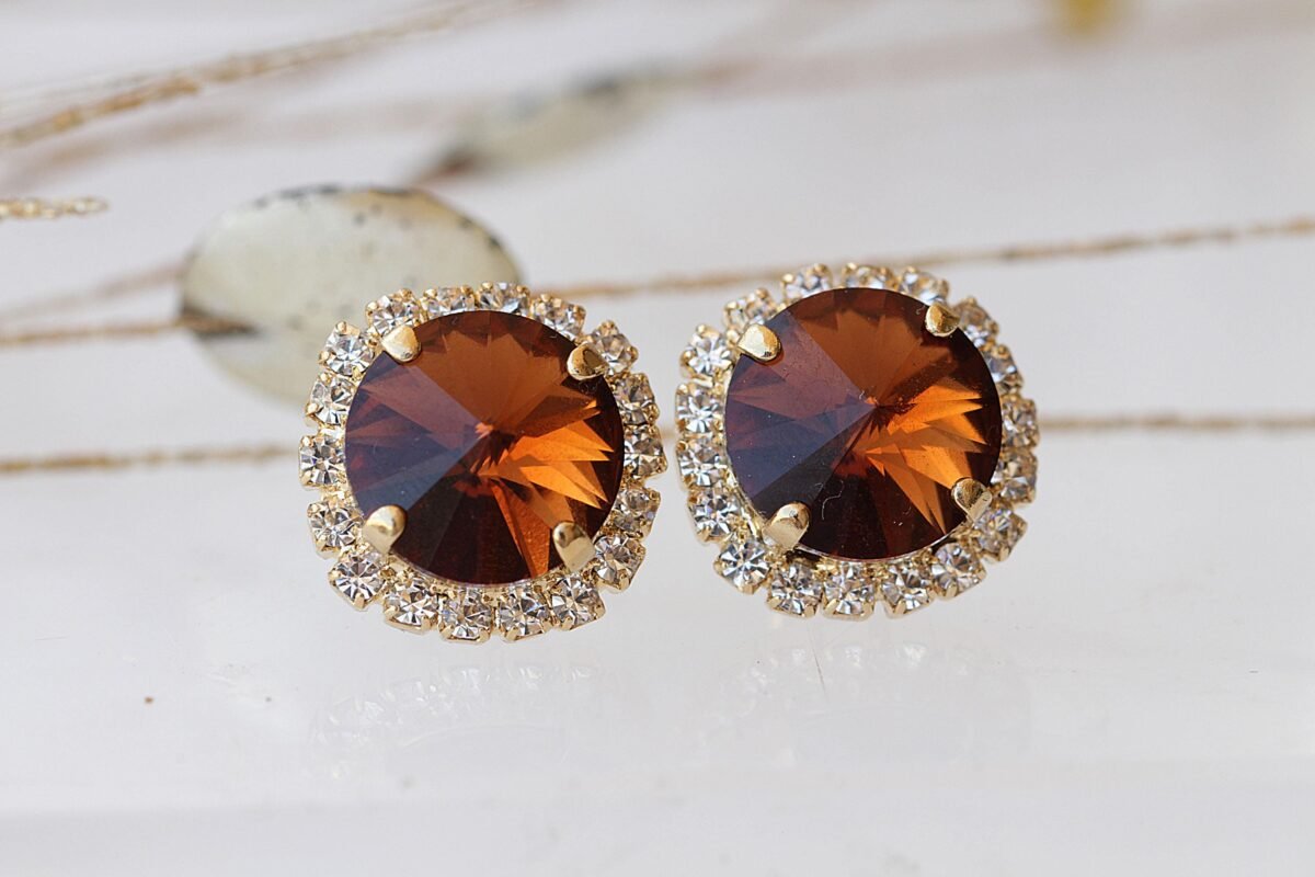 Brown Stud Earrings, Honey Brown Earrings, Topaz Wedding Jewelry, Dainty Post Chocolate, Christmas Bridesmaid Gift