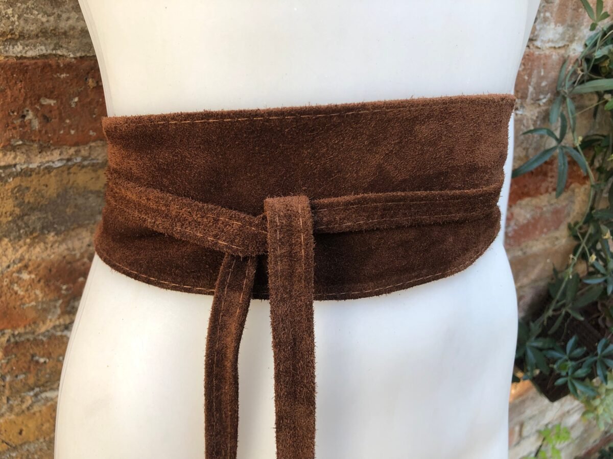 Brown Suede Obi Belt. Wrap Belt in Genuine Leather. Boho Waist Dark Brown. Wraparound Chocolate Brown Leather Sash