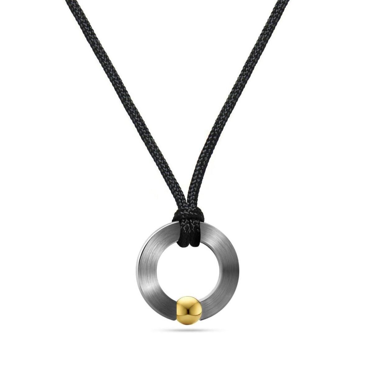Brushed Stainless Steel Pendant Gold Sphere On Black Cord