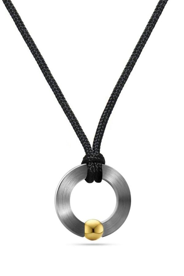 Brushed Stainless Steel Pendant Gold Sphere On Black Cord