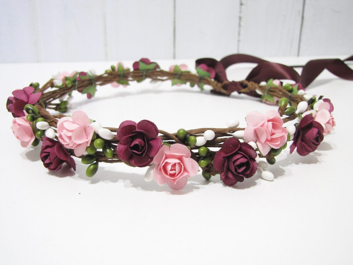 Burgundy Floral Crown, Two Flower Color Headband, Blush Red Wedding Bridesmaid Girls Headband