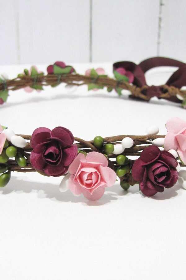Burgundy Floral Crown, Two Flower Color Headband, Blush Red Wedding Bridesmaid Girls Headband