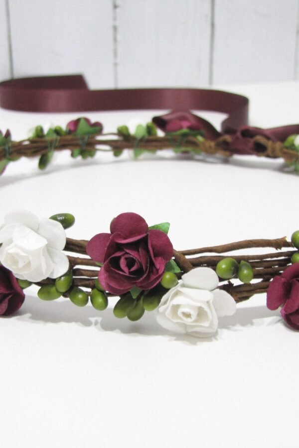Burgundy Floral Crown, Two Flower Color Headband, White Red Wedding Bridesmaid Girls Headband
