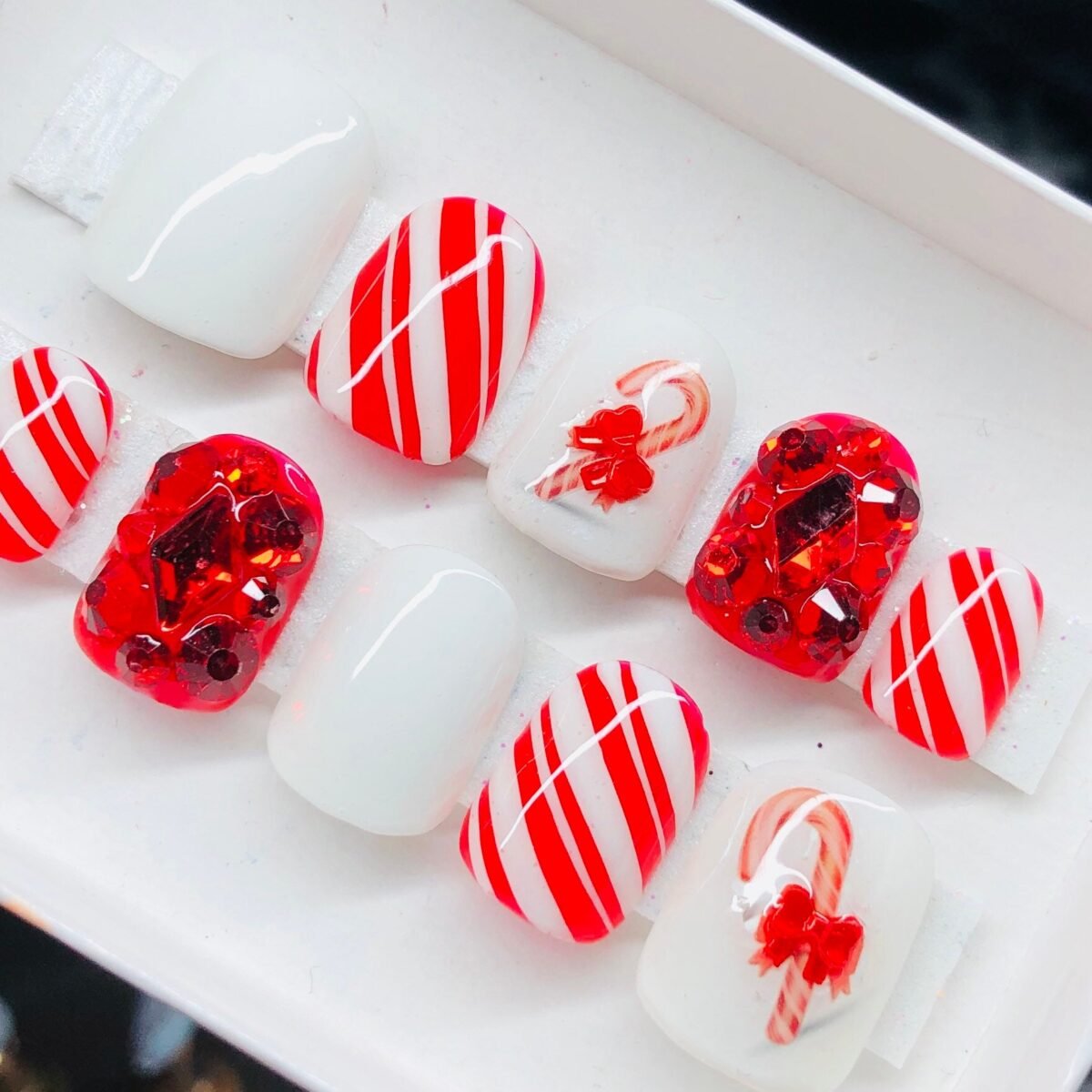 Candy Cane - Gel Press On Nails| Reusable Nails | Long Gifts For Her| Rhinestones Makartt Glue