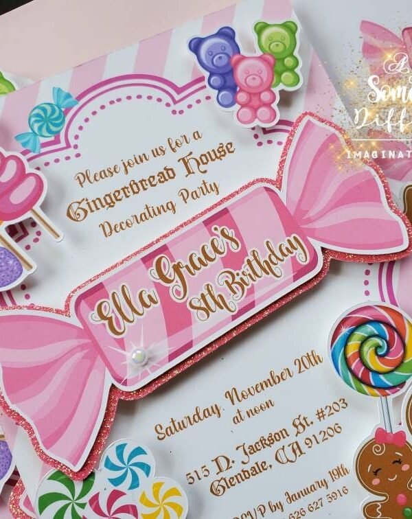 Candy Gingerbread Themed Party Invitation Sweets Invite Cotton Lollipop Gumdrops Gummy Bears Shop Factory