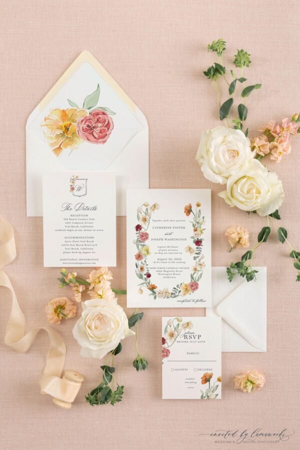 Catherine | Pink, Yellow & Peach Rustic Wedding Invitation Wreath, Floral Set, Printed Invite, Elegant