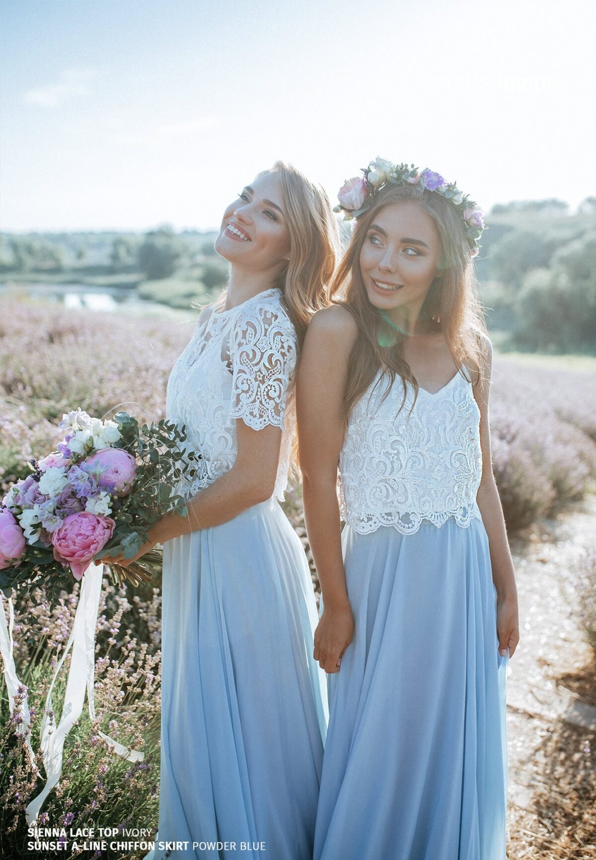 Chiffon Bridesmaids Maxi Sienna Lace Dress, Blue Engagement Full Length Sunset Separates in Plus Size