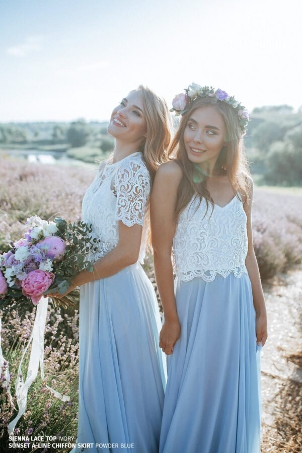Chiffon Bridesmaids Maxi Sienna Lace Dress, Blue Engagement Full Length Sunset Separates in Plus Size
