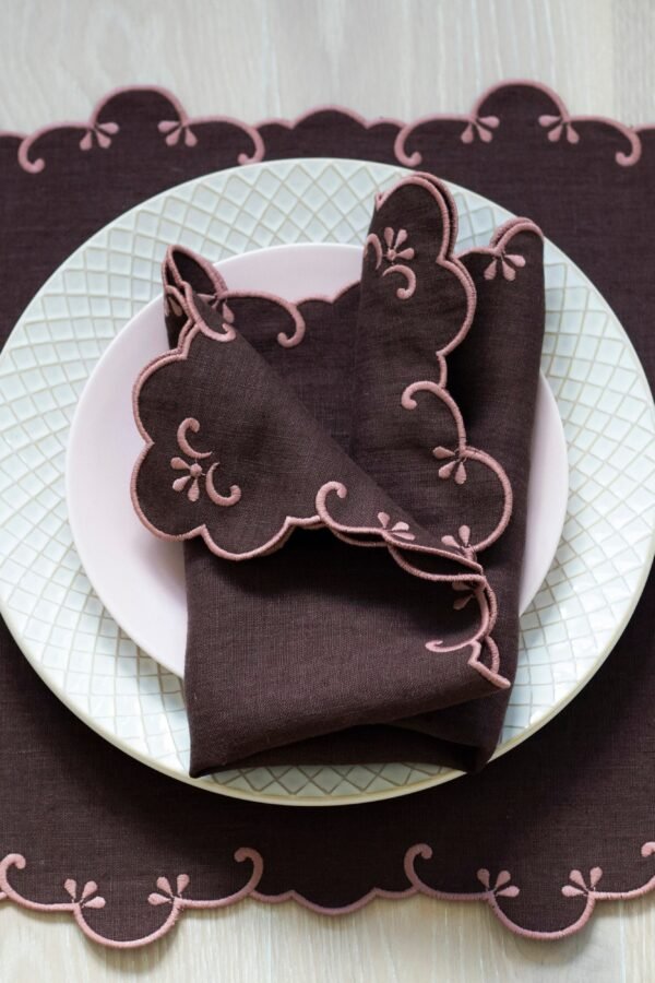 Chocolate Brown Linen Scalloped Table Mats With Double Woodrose Pink Trim For Decor 13x17'' Size