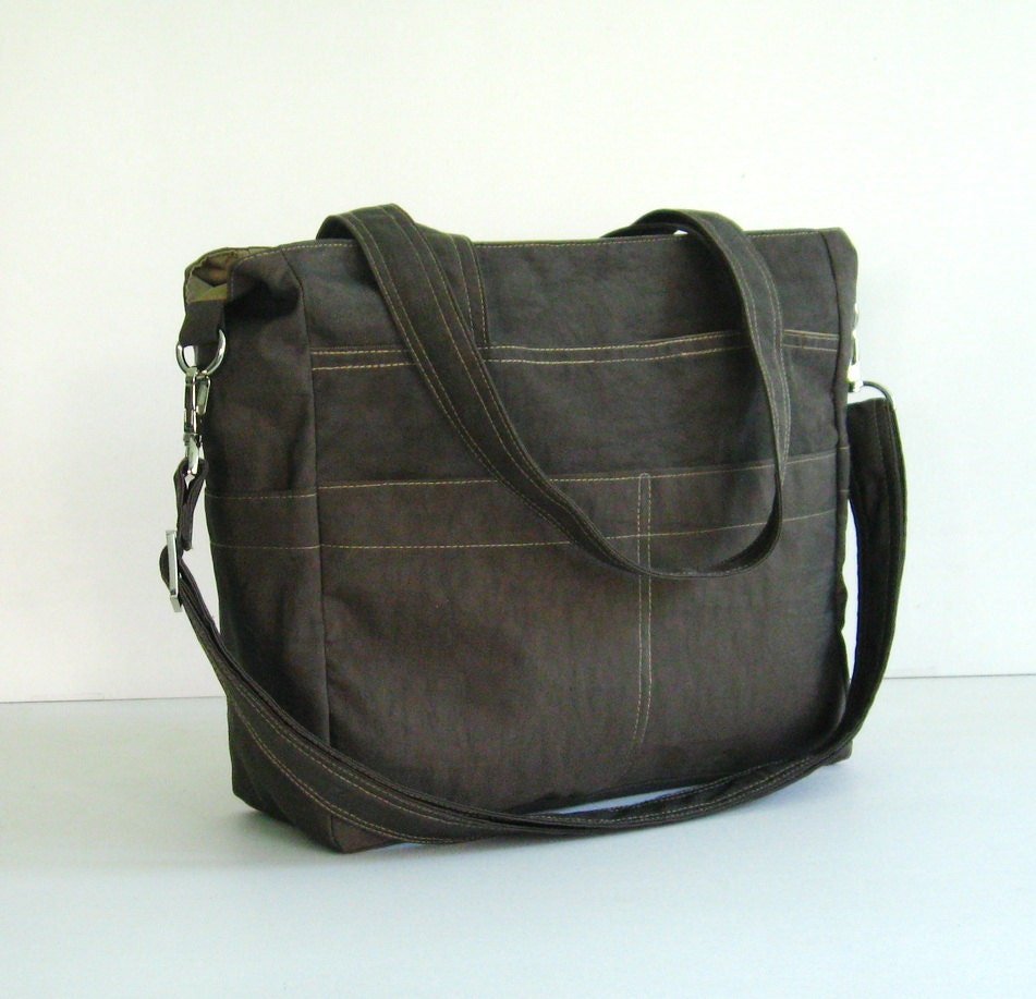 Chocolate Brown Water-Resistant Nylon Bag, Tote, Shoulder Everyday Messenger Many Pockets Travel Bag - Tracy