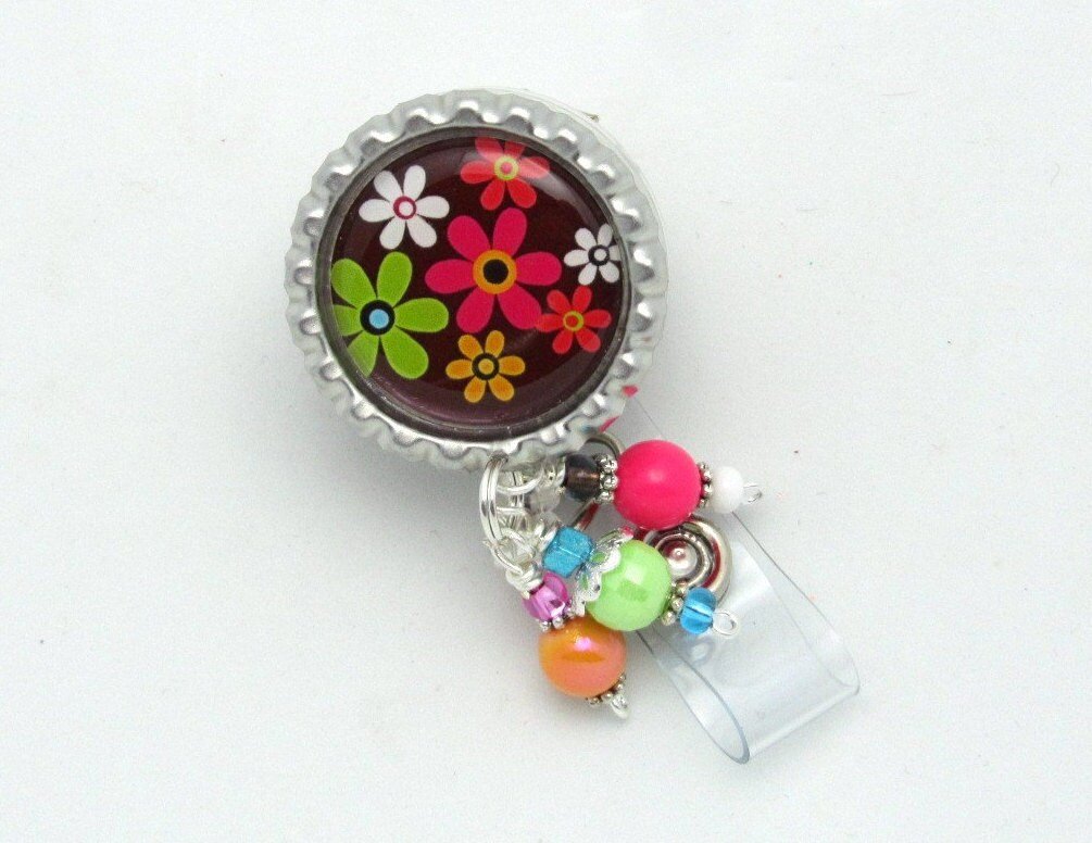 Chocolate Brown With Sprinkles Retractable Badge Reel - Fun Reels Flower Id Holder Beaded