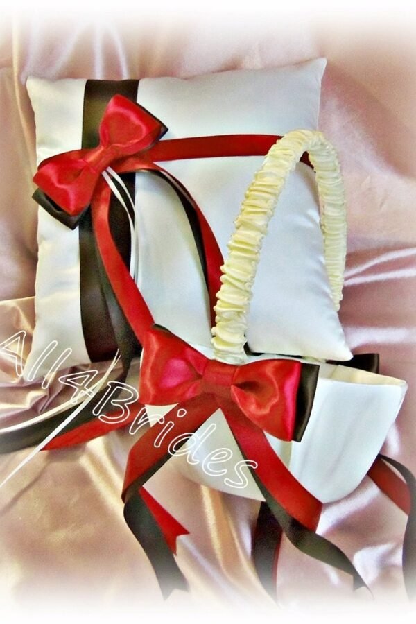 Chocolate Brown & Red Wedding Ring Bearer Pillow Flower Girl Basket