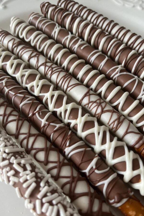 Chocolate Covered Pretzels Decorated in White, Milk & Dark Chocolate With Sprinkles Beautiful Drizzle Perfect Wedding Favor