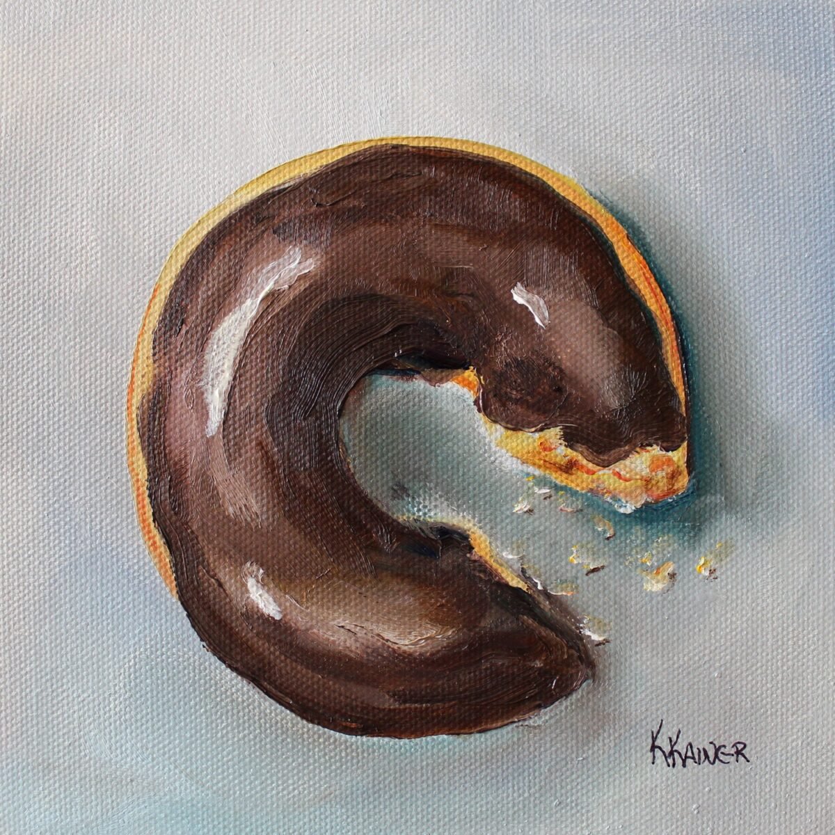Chocolate Doughnut Donut Food Art Original Oil Painting 6x6 By Kristine Kainer