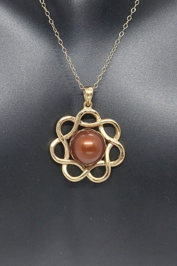 Chocolate Freshwater Pearl Flower Pendant Necklace 14K Yellow Gold, 18" Chain