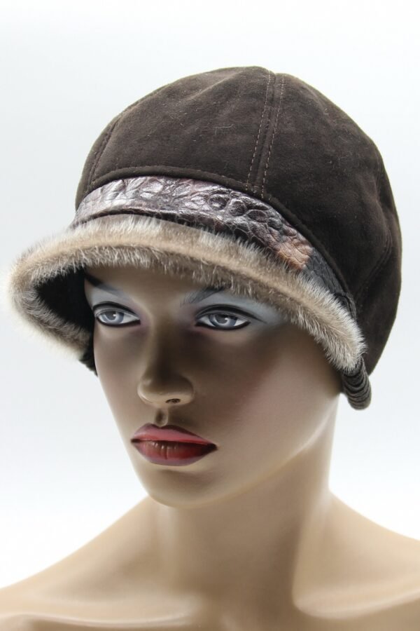 Chocolate Sheepskin Cloche Hat Leather Jockey Style