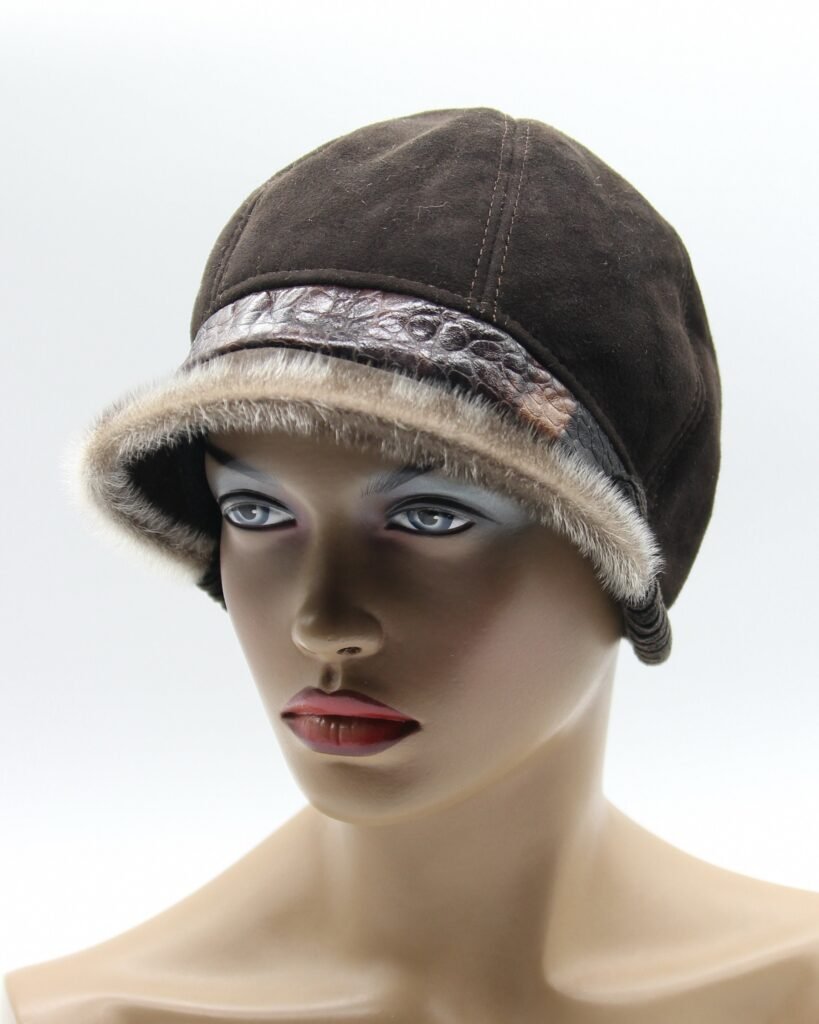 Chocolate Sheepskin Cloche Hat Leather Jockey Style