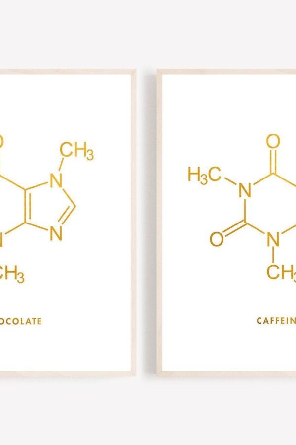 Chocolate & Caffeine Molecule Foil Print Set Of 2 - Coffee Science Lab Decor Chemistry Teacher