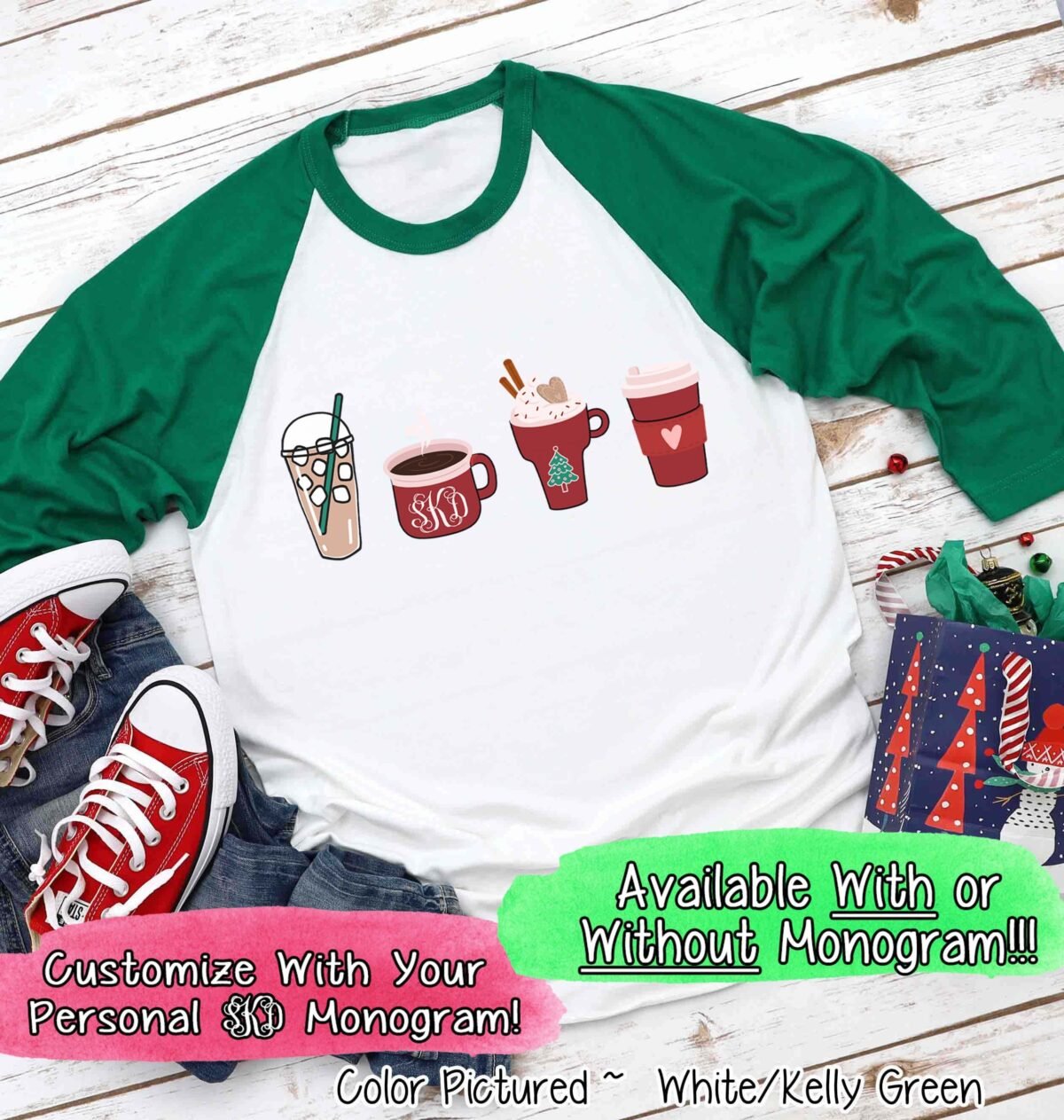 Christmas Latte Coffee Shirt, Personalized Shirt, Iced Lover Shirt, Hot Chocolate Shirt, Christmas Shirt, Monogram Raglan