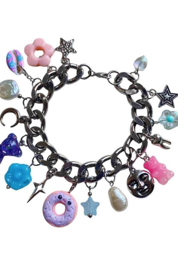 Chunky Silver Charm Bracelet Gummy Bear, Donut, Star Charms